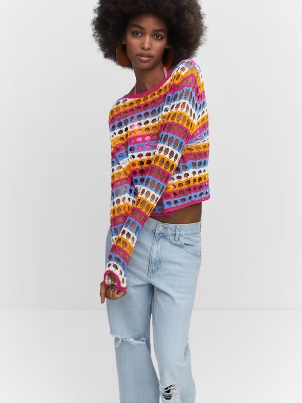 Mango Multicolor Open-Knit Off-Shoulder Sweater - Pink, Blue, Yellow, White - Picture 3 of 6